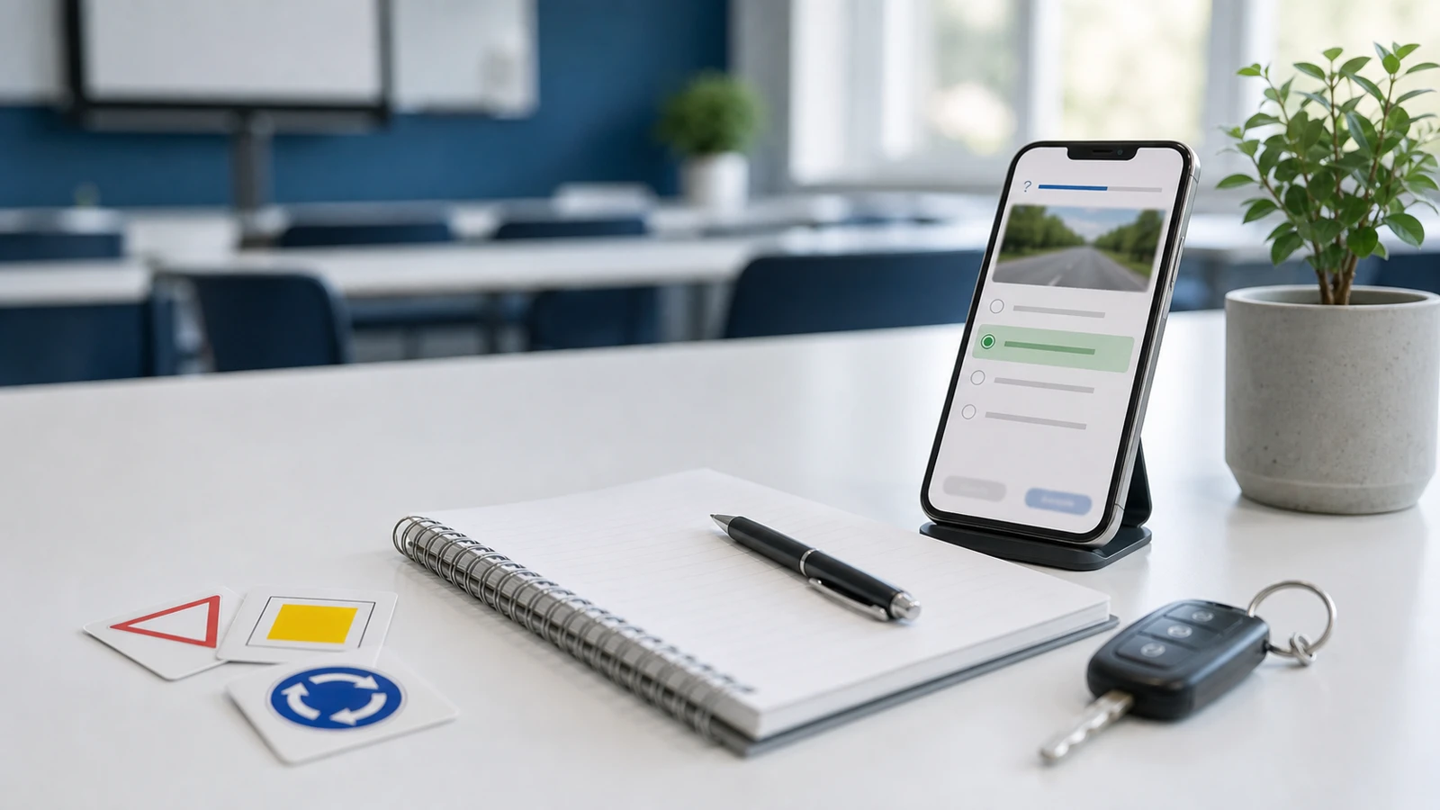 Smartphone mit Theorie-App auf einem Tisch im Schulungsraum